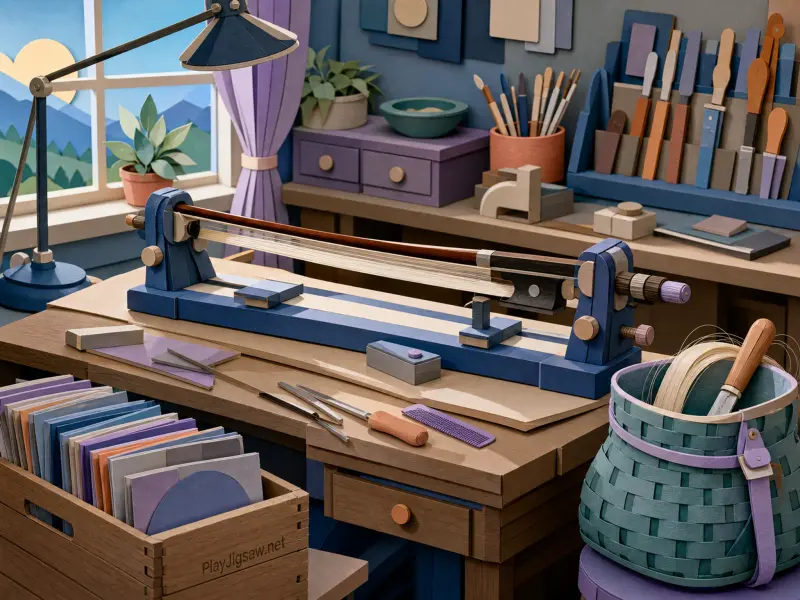 A miniature papercraft luthier workshop with a violin bow clamped in a blue jig on a wooden workbench.
