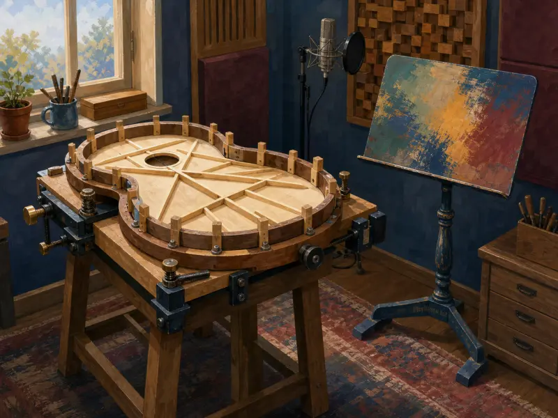 A guitar soundboard resting in a wooden mold on a workbench in a music studio beside a colorful music stand.