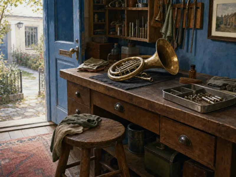A brass horn rests on a rustic wooden workbench beside an open blue door leading to a garden.