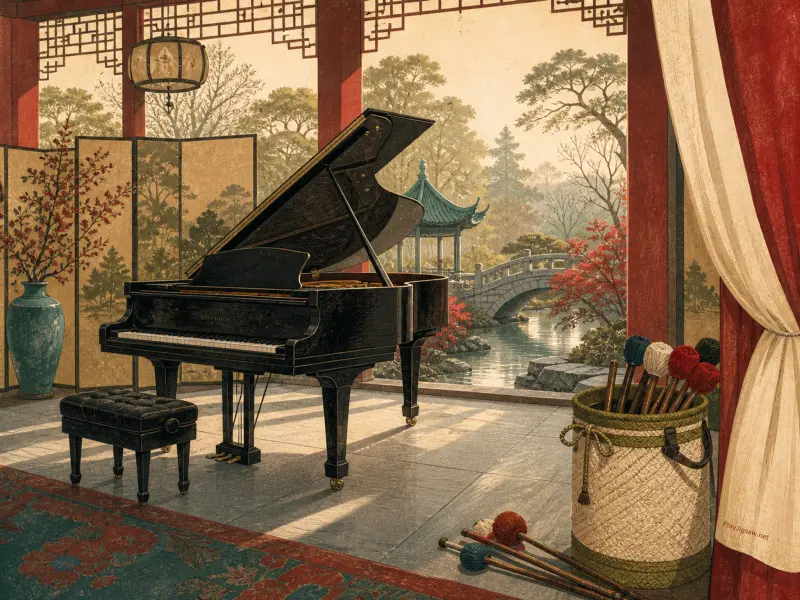 Black grand piano inside a traditional pavilion overlooking a stone bridge, pond, and garden pagoda.