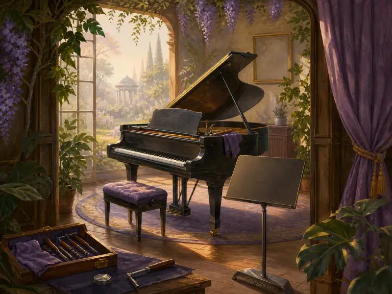 Black grand piano with an open lid in a sunlit conservatory overlooking a garden gazebo.