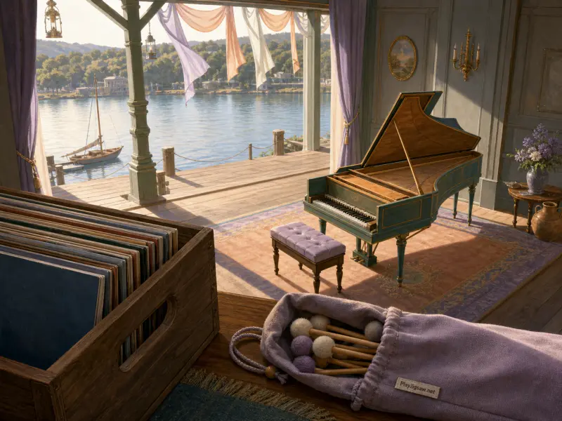 A teal grand piano stands in an open veranda overlooking a calm lake with a sailboat and distant hills.
