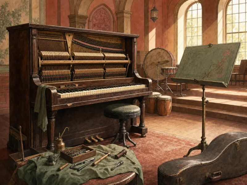 An exposed antique upright piano surrounded by tuning tools, a music stand, and drums inside a sunlit hall.