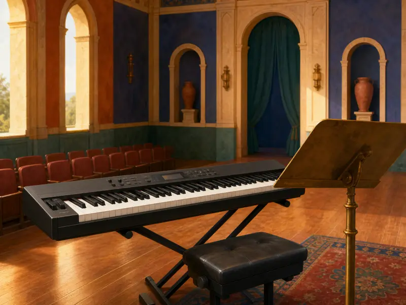 A black digital stage piano with a leather stool and brass music stand inside an arched classical hall.