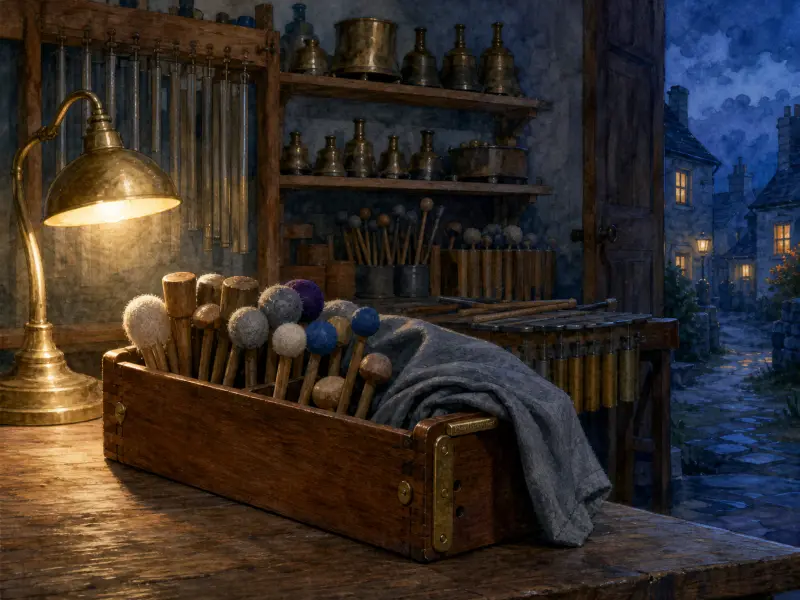 A wooden tray of percussion mallets on a workbench beside a glowing lamp, with bells and a night street outside.