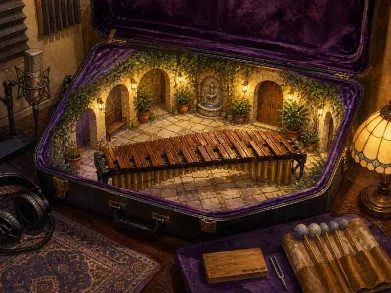 Miniature stone courtyard with a marimba built inside an open purple instrument case in a recording studio.
