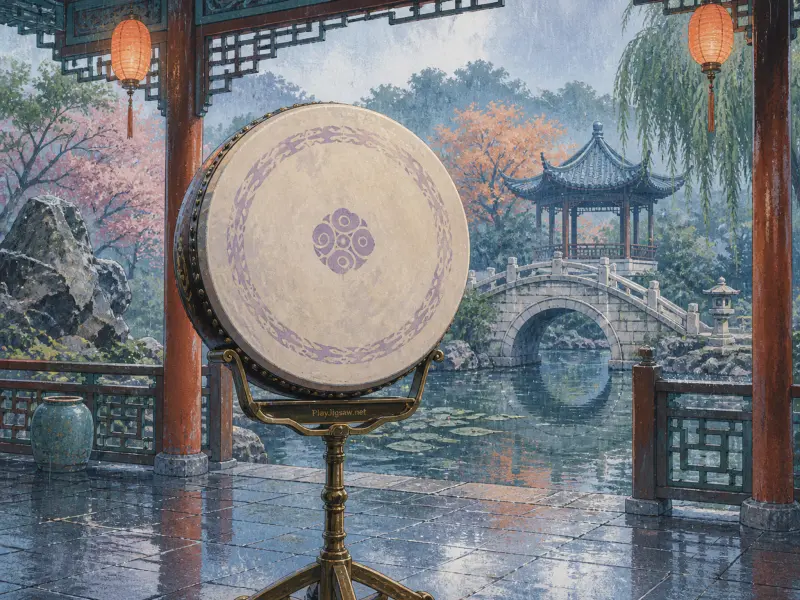 A large ceremonial drum on a brass stand overlooks a rainy garden with a pond, arched bridge, and gazebo.
