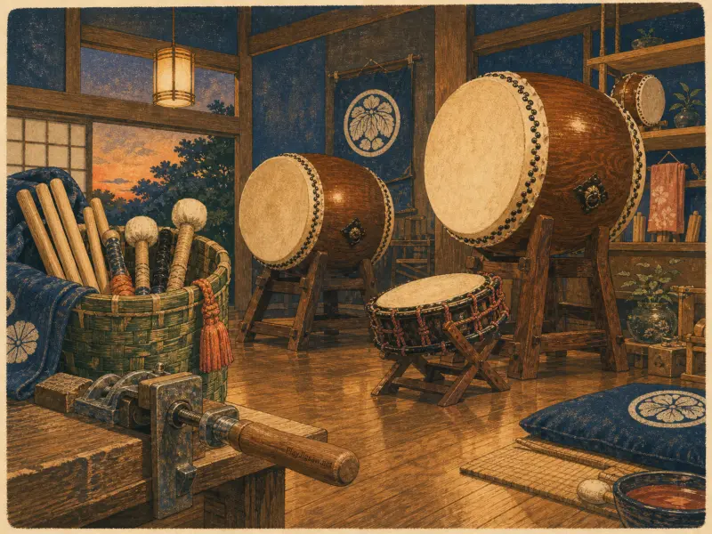 Traditional Japanese taiko drums on wooden stands inside a rustic workshop with drumsticks in a basket and a sunset view.