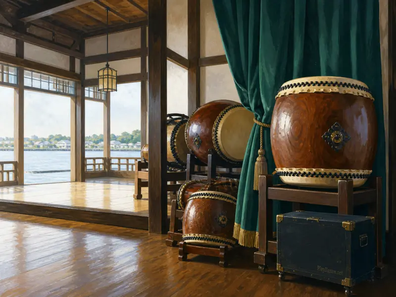 Traditional taiko drums resting on stands inside an open wooden pavilion overlooking calm water.
