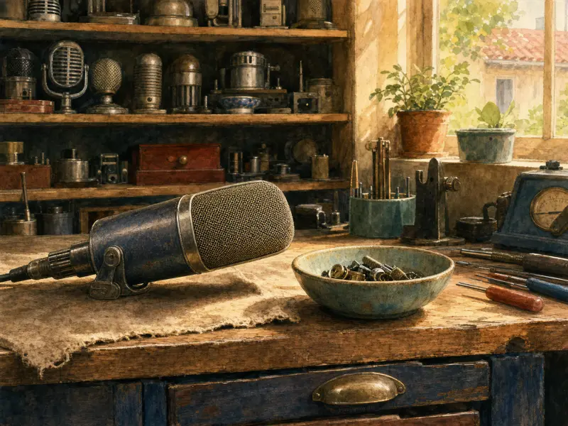 Vintage metal microphone resting on a wooden workbench beside a bowl of screws and workshop tools.