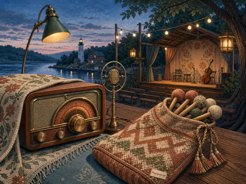 A vintage radio, microphone, and mallet pouch sit outdoors overlooking a lake and an illuminated stage at twilight.