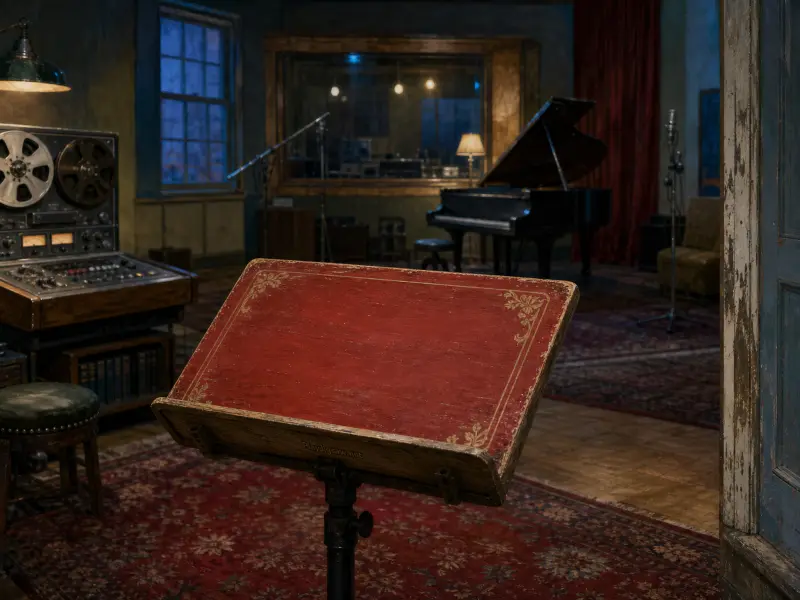 An ornate red music stand stands in a dim recording studio with a grand piano and vintage tape machine.