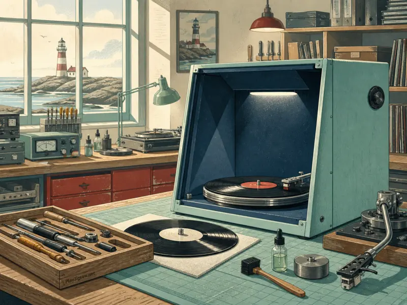 An audio workbench with turntables, vinyl records, and repair tools overlooking a lighthouse through a large window.
