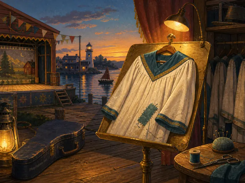 A choir robe being mended on a stand beside an outdoor theater stage overlooking a harbor and lighthouse at sunset.