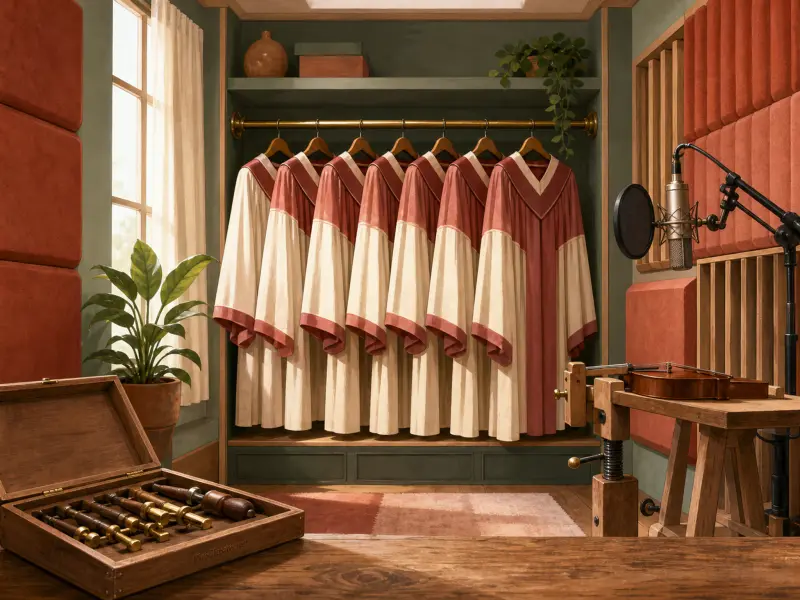 A line of cream and terracotta choir robes hanging inside a music studio next to a microphone and violin.