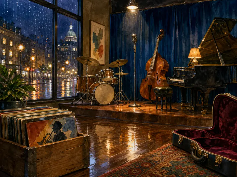 A cozy jazz lounge stage with instruments set before a large window looking out at a rainy city street.