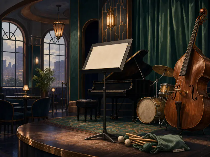 A jazz lounge stage with a double bass, drum kit, grand piano, and music stand against green velvet curtains.