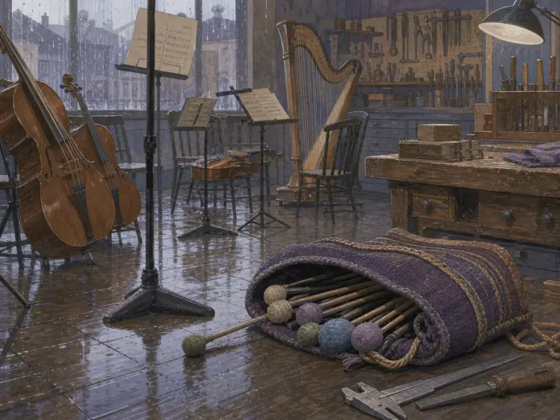 Cellos, a harp, and a bag of mallets sit on a reflective floor in a music workshop beside a rain-streaked window.