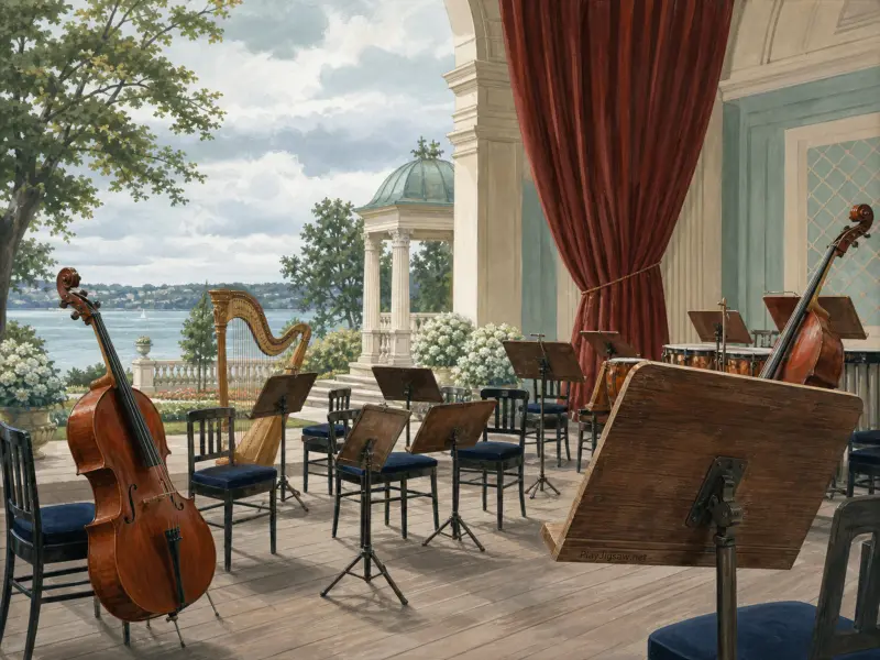 An outdoor orchestra terrace by a lake with chairs, music stands, a cello, and a harp under a draped red curtain.