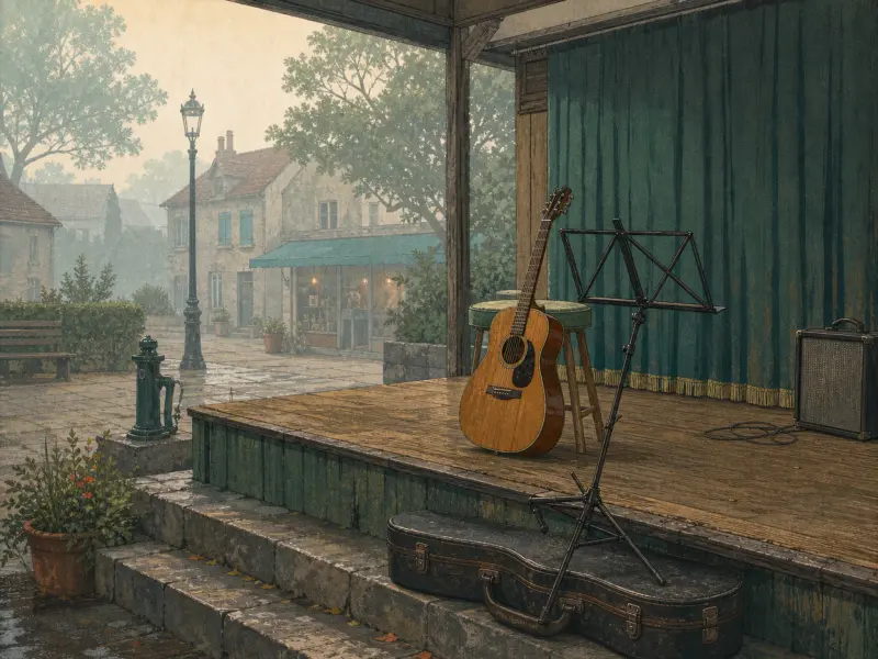 An acoustic guitar and music stand rest on a covered outdoor wooden stage facing a rainy village square.