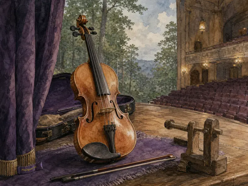 A polished violin and bow rest on a purple mat upon a wooden theater stage in front of empty auditorium seats.