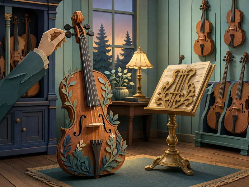 Paper-cut style scene of a hand tuning a wooden cello decorated with blue leaves next to an ornate music stand.