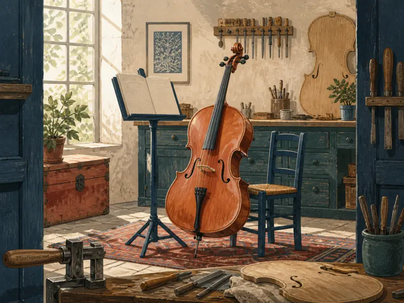 A varnished cello stands next to a music stand and blue chair in a sunlit woodcarver workshop.