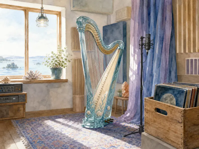 An ocean-themed blue harp standing in a sunny seaside music studio beside a microphone and window.