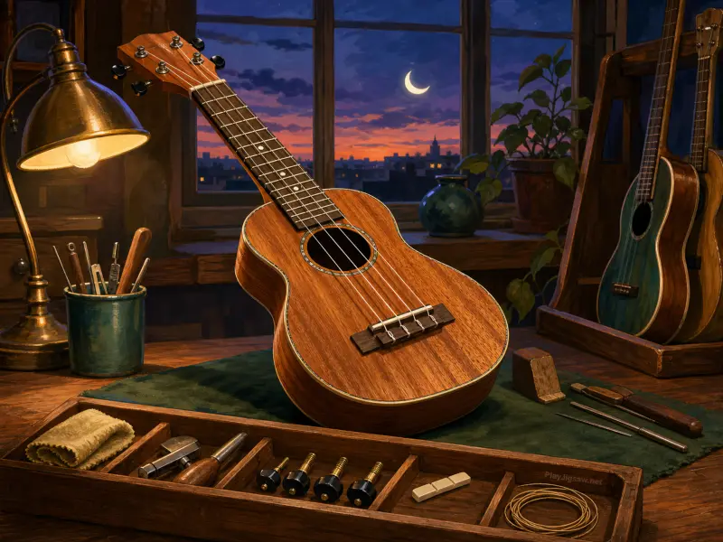 A wooden ukulele rests on a workshop bench beside tools under a warm lamp before a moonlit window.