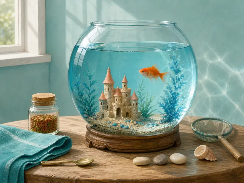 A round glass fishbowl with an orange goldfish and miniature castle resting on a wooden tabletop in sunlight.