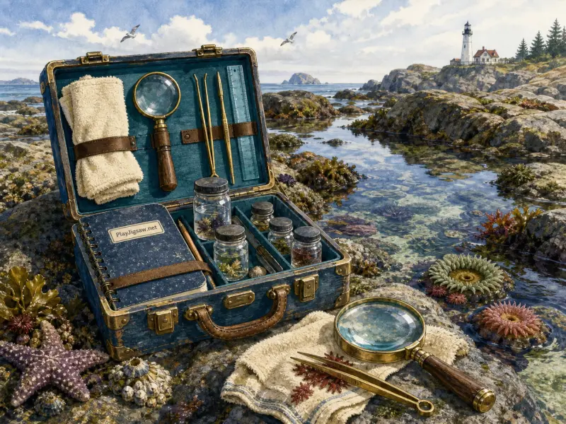 An open naturalist kit with magnifying glasses and specimen jars sits beside a rocky tide pool with a distant lighthouse.