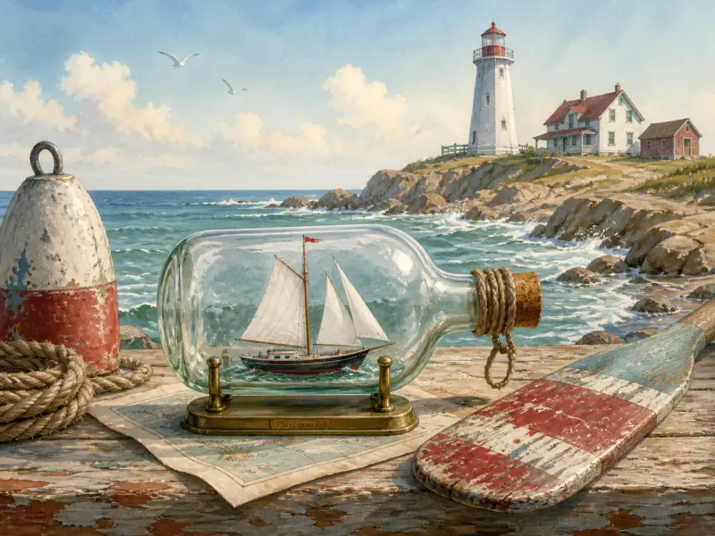 Ship in a glass bottle on a wooden ledge overlooking an ocean shoreline with a tall white lighthouse.