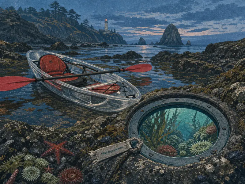 A transparent kayak with red paddles floats near rocky tide pools and a circular underwater viewing window.