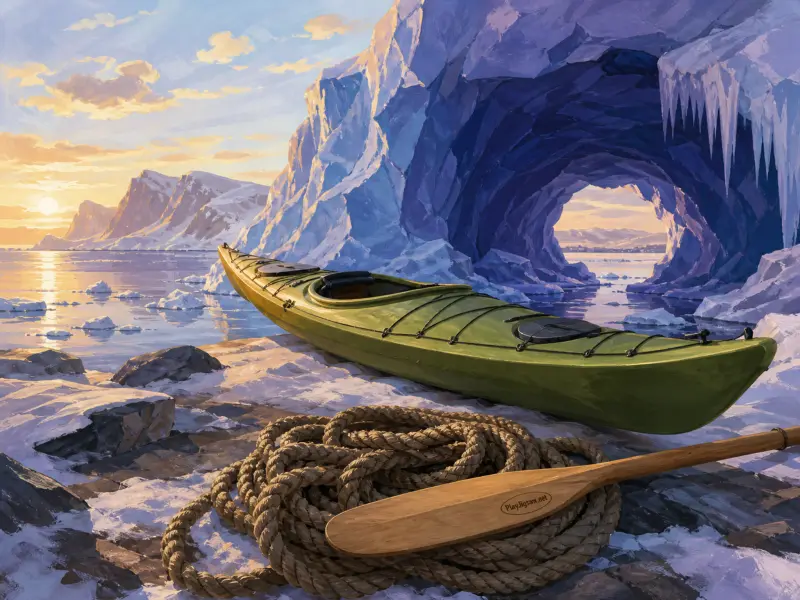 A green kayak, coiled rope, and wooden paddle resting on snowy rocks before a massive blue ice cave at sunset.