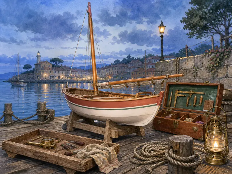 A small wooden sailboat sits on a pier alongside brass navigation tools, a glowing lantern, and a coastal town harbor.
