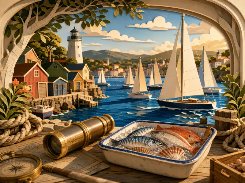 A harbor view framed by an arch, featuring sailboats, a lighthouse, colorful cottages, and a tray of fish with a telescope.