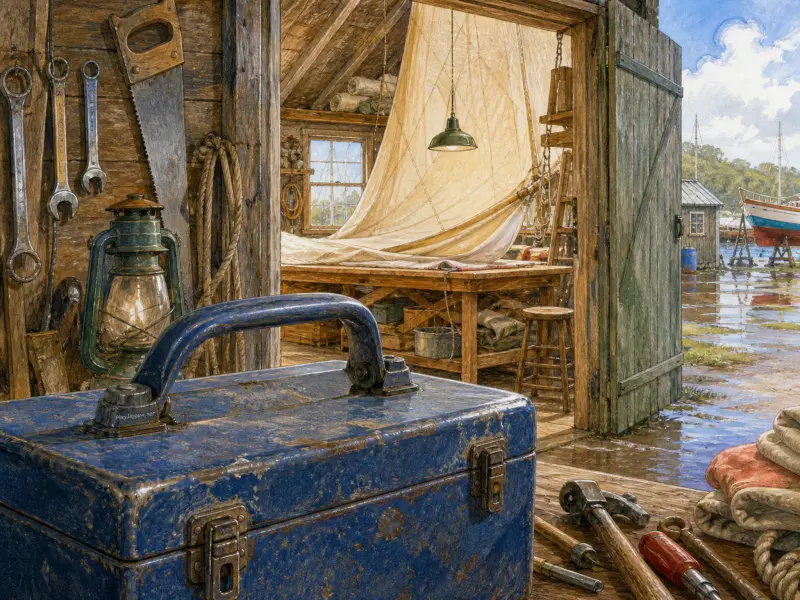A blue toolbox and hand tools in a rustic sail loft overlooking a harbor and boatyard through open wooden doors.