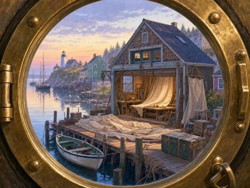 A view through a round brass porthole showing a seaside boathouse, wooden pier, rowboat, and distant lighthouse.