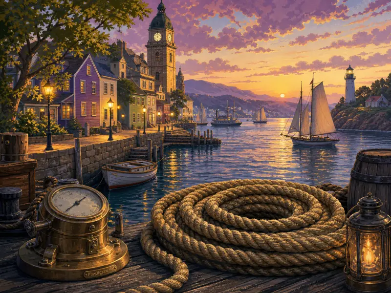 A wooden dock with coiled rope, brass compass, and lantern overlooking a coastal town and sailboats at sunset.