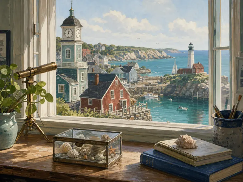 A view through an open windowsill with seashells and a telescope overlooking a seaside village, harbor, and lighthouse.