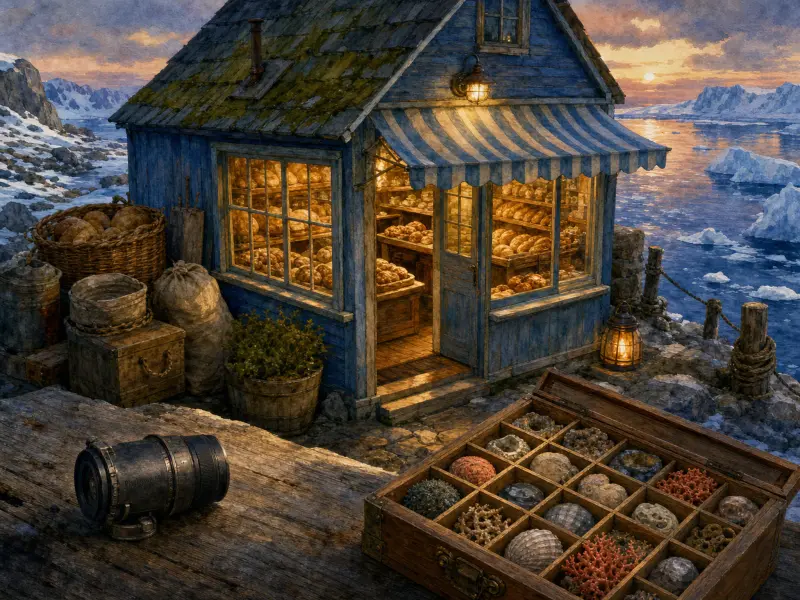A cozy blue wooden bakery on a rocky cliff beside an icy sea with icebergs, glowing under a sunset sky.
