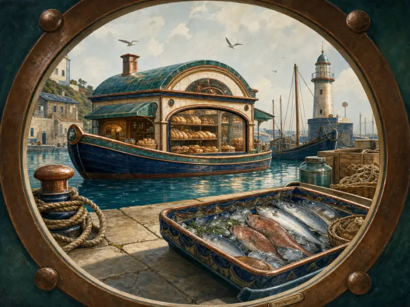 A harbor view through a round porthole showing a boat converted into a bakery, fresh fish on ice, and a lighthouse.