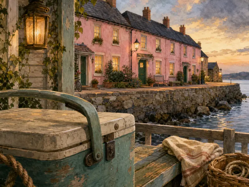 A weathered cooler and lantern on a wooden dock overlooking pink seaside cottages along a stone wall at sunset.