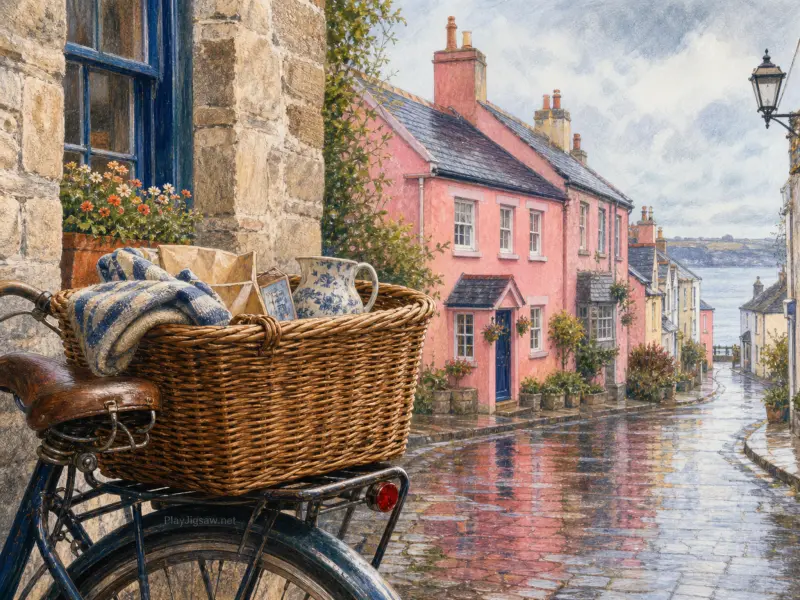 Bicycle with a wicker basket parked on a wet cobblestone street in a seaside village with pink cottages.