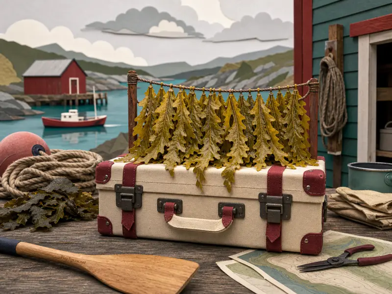 Drying seaweed hanging above a vintage suitcase on a seaside wooden table overlooking a coastal harbor.