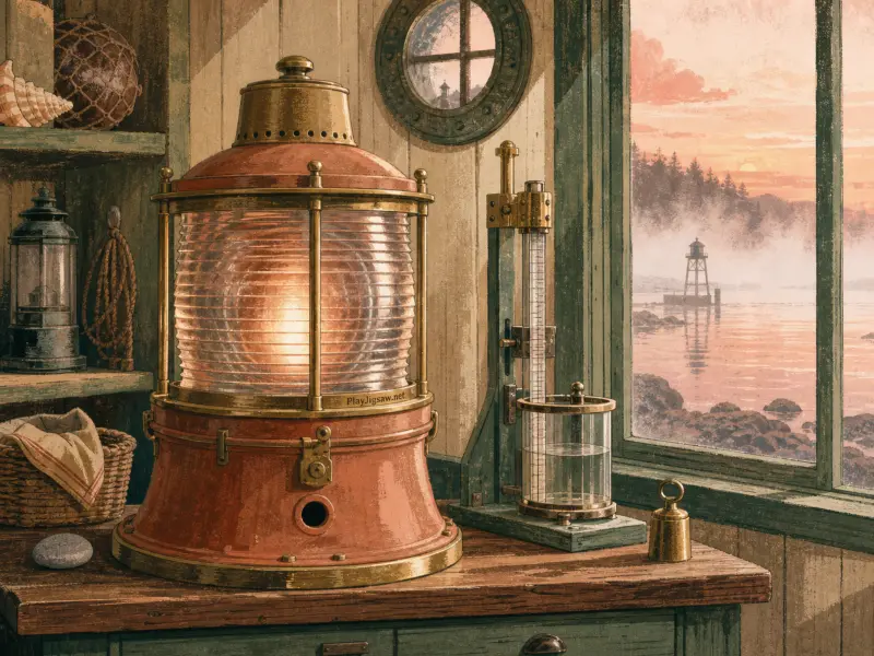 A large copper lighthouse lens sits on a wooden desk beside a window overlooking a misty coastal sunset.