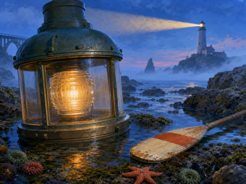 A glowing antique lantern and striped wooden oar rest in shallow tide pools before a distant coastal lighthouse.