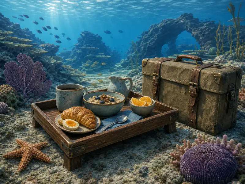 A breakfast tray with croissant and oatmeal sits beside a vintage suitcase on the ocean floor among sea life.