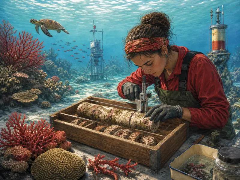 A marine biologist measures a coral core sample in a wooden tray on the ocean floor beside a swimming sea turtle.