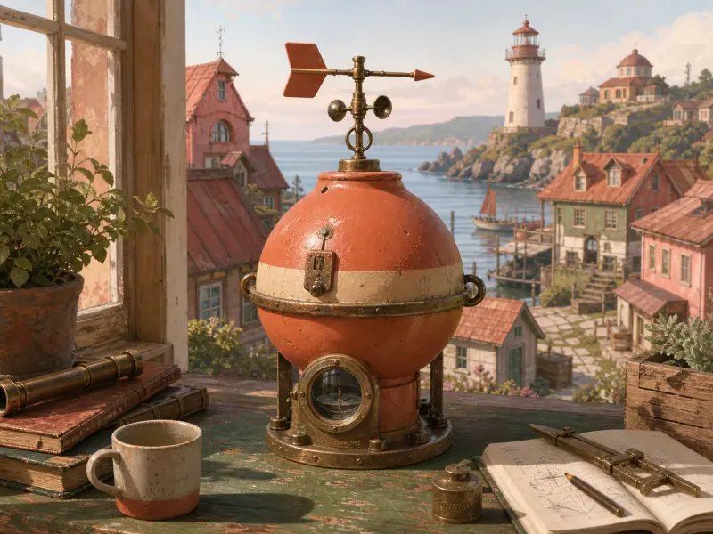 A brass and orange nautical instrument rests on a wooden windowsill overlooking a seaside village and lighthouse.